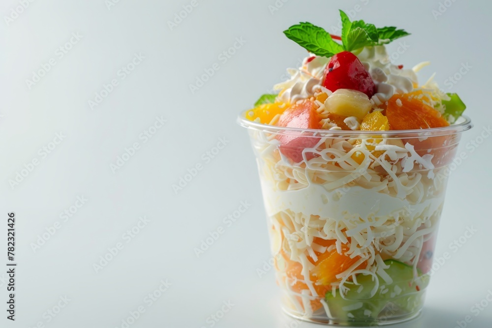 Fruits salad with cheese and yogurt served in a cup Fruits salad with cheese and yogurt served in a cup