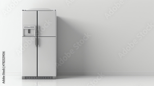A large white refrigerator stands in a white room. The refrigerator has four doors and a water dispenser on the front. The room is otherwise empty. photo