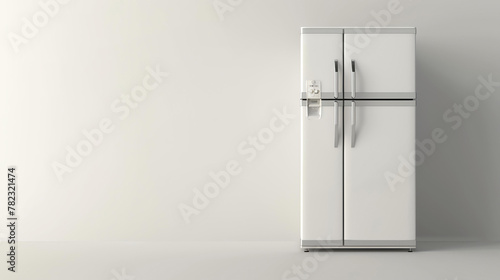 A large white refrigerator stands in a white room. The refrigerator has four doors and a water dispenser on the front. The room is otherwise empty. photo