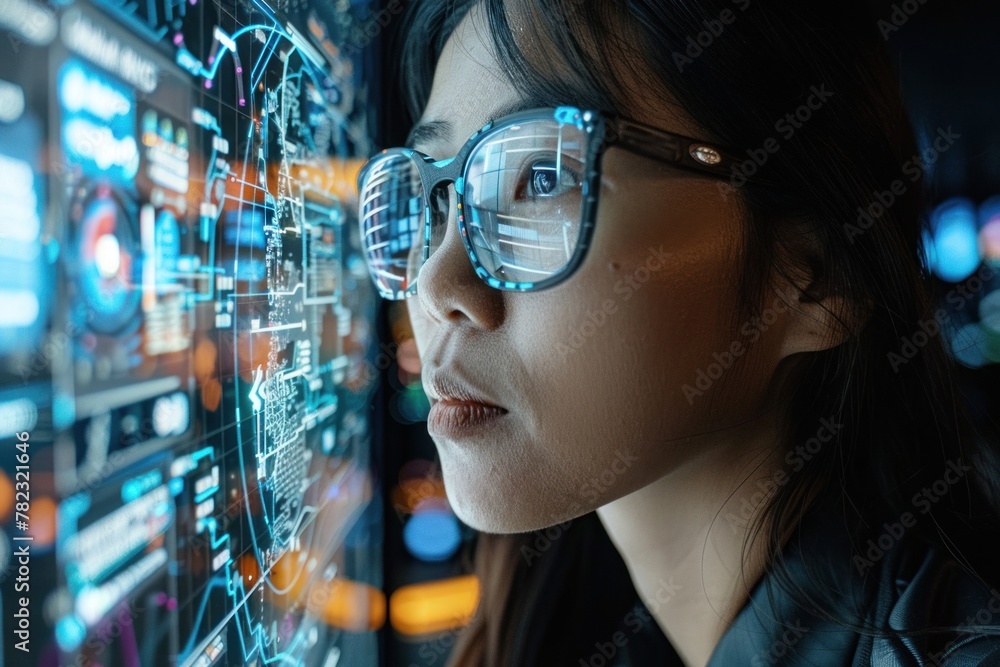 A woman in glasses examines a digital display A woman in glasses examines a digital display