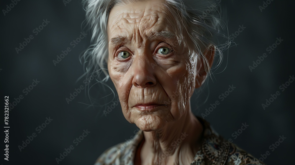 A touching portrait of an elderly woman with a weathered face and kind eyes. She is wearing a simple dress with a floral pattern.