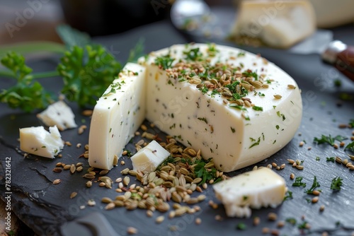 Goat cheese with coriander seeds and fenugreek and slicer for dessert photo