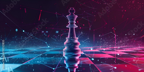  large modern futuristic looking chess board with a chess piece about to topple over chess pieces on chessboard and digital background neon lights photo