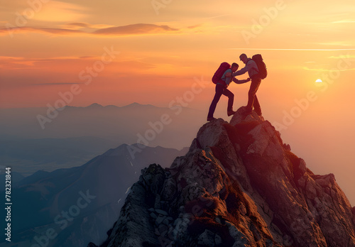 Couple celebrating success on mountain top by holding hands up in the air , Feeling successful ,love 