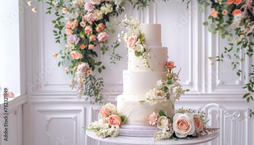 Gorgeous floral wedding cake on a white table