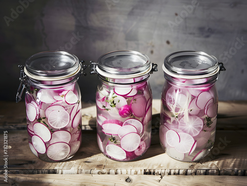 Three jars of food are lined up on a wooden table. The jars contain chopped pickled radishes © xavmir2020