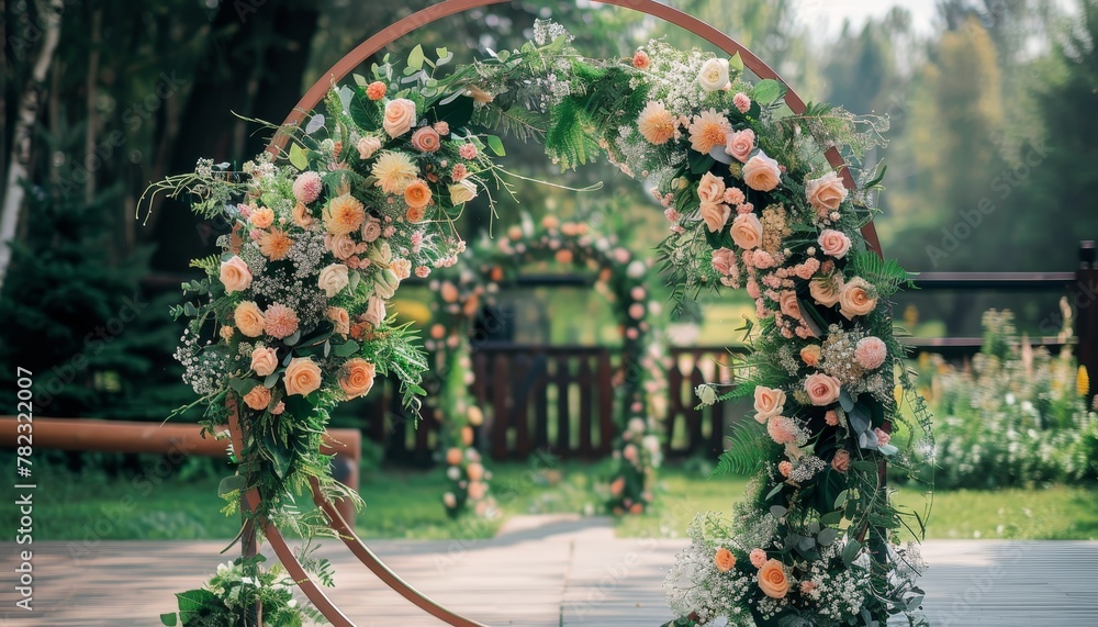 Gorgeous outdoor wedding arch adorned with flowers and greenery suitable for a ceremony
