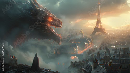 Paris, France personified as a mighty dragon, blending the iconic landmarks and features of the city