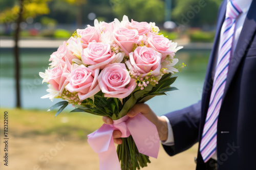 man holds a wedding bouquet with pink roses in his hands