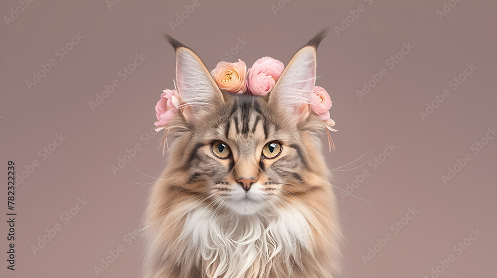 Ault Mei Coon pastel background wreath flowers her head. Spring greeting card. Banner cat nursery