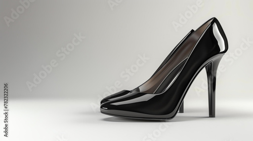 A pair of black high heels on a white background. The shoes are made of shiny patent leather and have a stiletto heel.