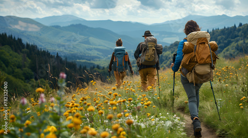 Sunny day in Alps, candid photo group of people hiking together in mountains