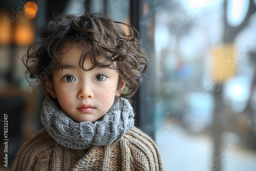 Wistful korean child with curly hair and big scarf indoors © Анастасия Гайкова