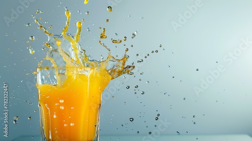 Fresh orange juice splashing out of glass on white background. photo