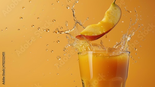 A cross section of a peach flies through the air above a clear glass nearly full of peach juice. photo