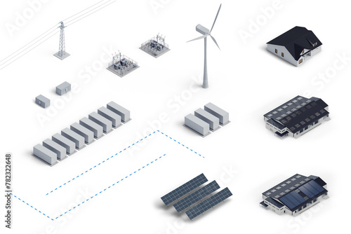 Renewable energy self-assembly kit. Wind turbine, solar panels, battery storage, substation, pcs or inverter, power lines, warehouse, house, electricity flow lines. Isometric view. photo