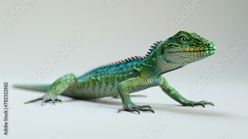 A green lizard with blue and yellow markings is crawling on a white surface. The lizard has a long tail and a spiky crest on its back.