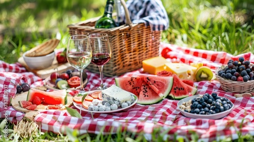picnic blanket laid out on lush green grass, showcasing a delicious spread of fresh fruits, cheeses, bread, and sparkling drinks, creating a warm and welcoming atmosphere in the dappled sunlight