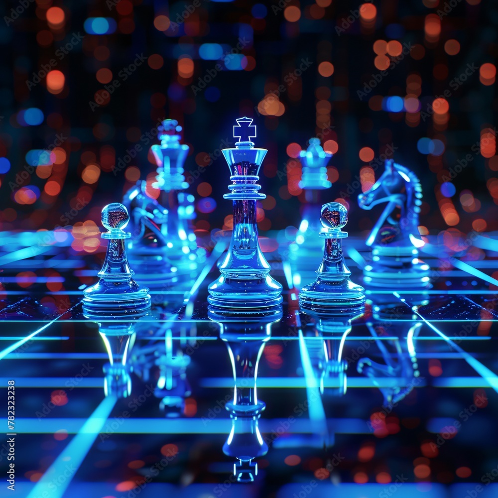 Chess pieces illuminated by neon blue set against a backdrop of digital technology with space for text Chess pieces illuminated by neon blue set against a backdrop of digital technology with space for text