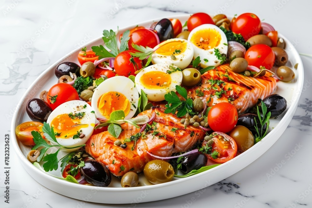 Grilled salmon nicoise salad with tomatoes eggs olives capers on oval plate on marble background Grilled salmon nicoise salad with tomatoes eggs olives capers on oval plate on marble background