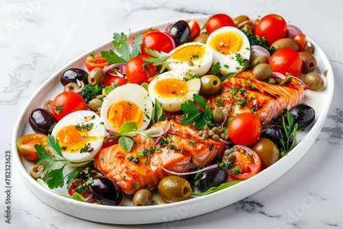 Grilled salmon nicoise salad with tomatoes eggs olives capers on oval plate on marble background