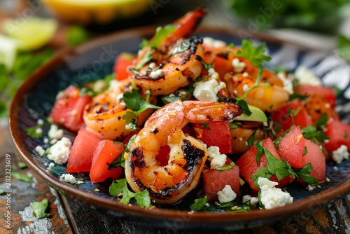 Grilled shrimp salad with feta cheese tomatoes watermelon in rustic setting