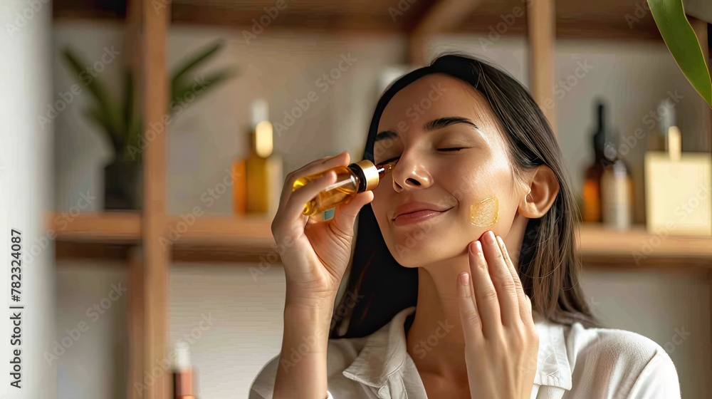 a young woman applying essential oil to her neck in front of a mirror at home, against a light gray and amber backdrop, with minimalist sets providing space for text. a young woman applying essential oil to her neck in front of a mirror at home, against a light gray and amber backdrop, with minimalist sets providing space for text.