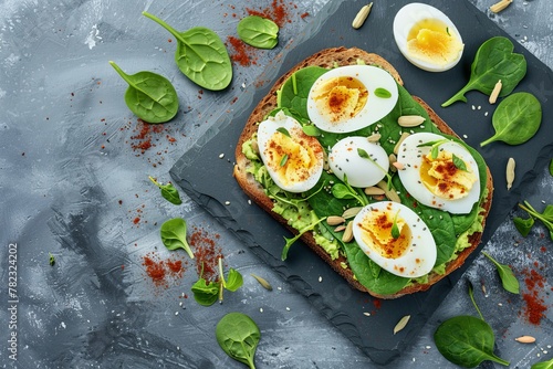 Healthy avocado toast with boiled eggs spices and spinach on stone background Delicious meal or snack Top view