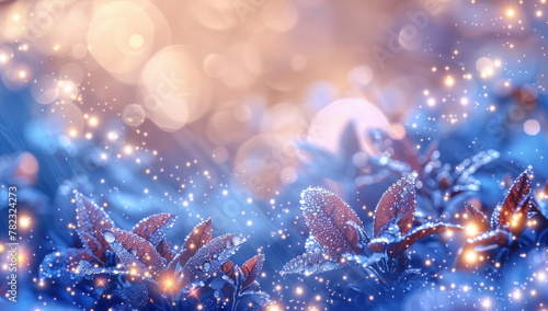 Magical nature with dew leaves serene bokeh light. Ethereal atmosphere shimmering sparkle calm blue. Picturesque enchanting in pristine  peaceful and idyllic.