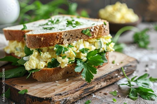 Healthy egg salad sandwiches with greens and herbs on wooden board