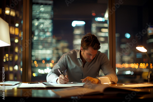 A dedicated professional is immersed in work at his desk, against the backdrop of a city's night lights photo