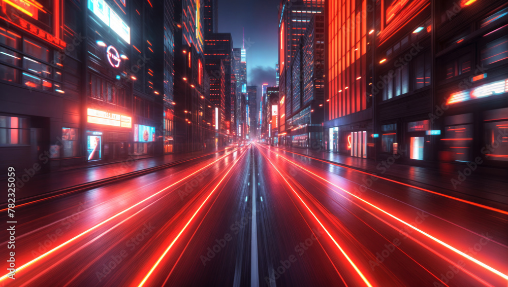 Vibrant cityscape illuminated by neon lights and advertisements. Dynamic red streaks of light capture the energy and speed of the urban environment.