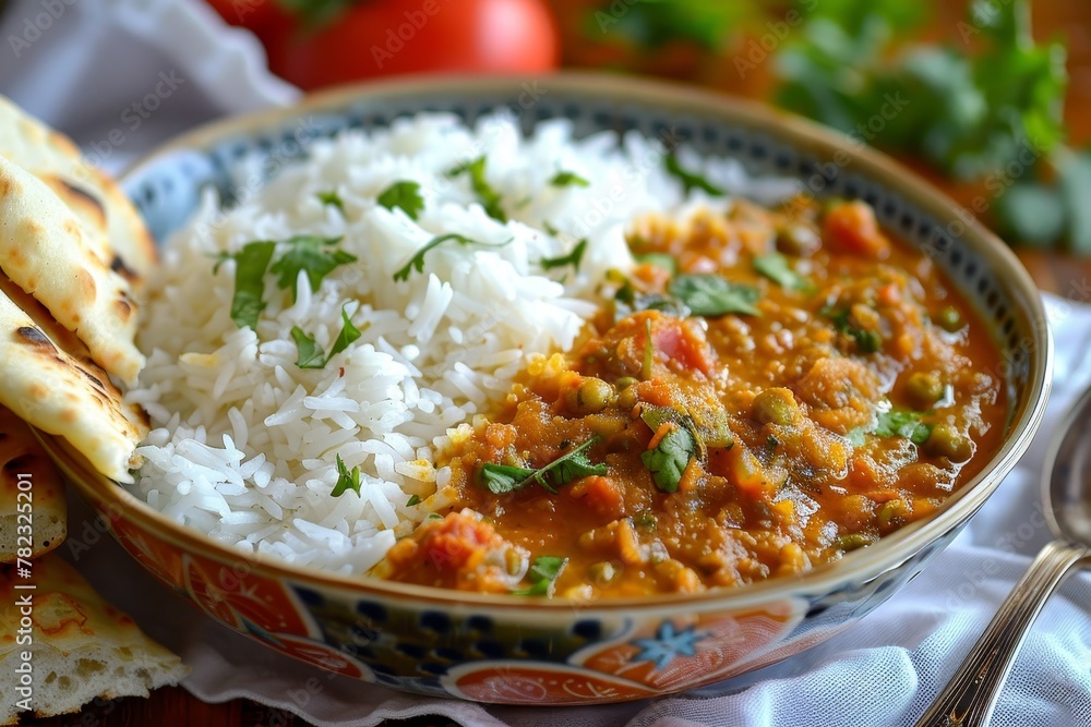 Indian dishes with rice and bread Indian dishes with rice and bread