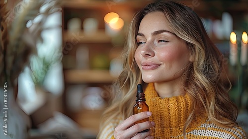 a young woman applying essential oil to her neck in front of a mirror at home  against a light gray and amber backdrop  with minimalist sets providing space for text.