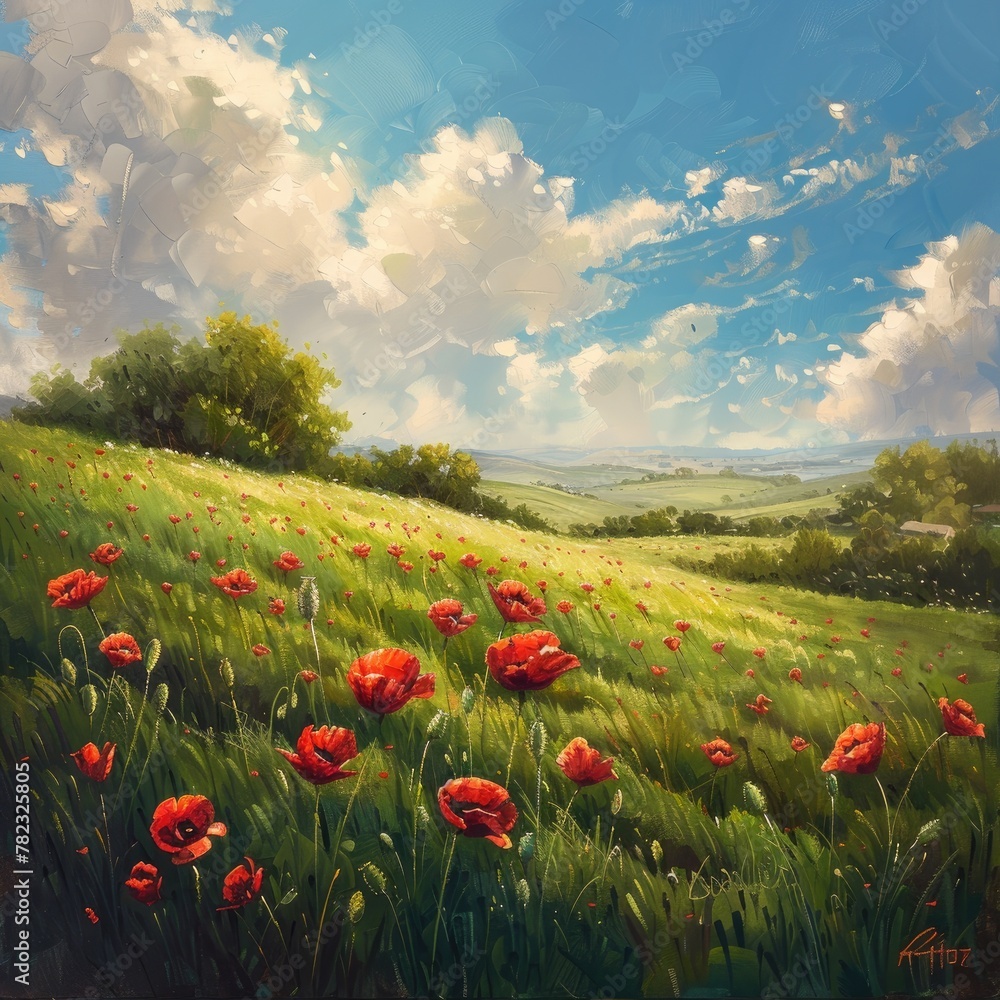 A romantic scene of a green meadow with red poppies blooming under a sunny sky.
