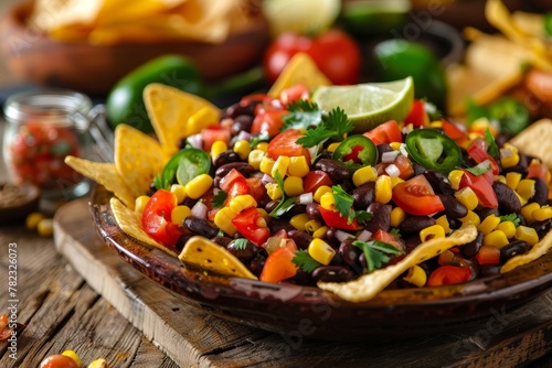 Homemade Mexican bean salad with lime dressing served with tortilla chips and fresh ingredients on blurred background