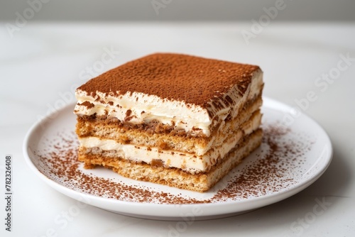 Homemade tiramisu cake on white plate with beige background Traditional Italian dessert with ladyfingers mascarpone coffee and cocoa powder
