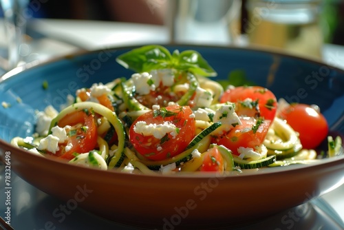 Homemade zucchini noodle pasta with tomatoes and feta