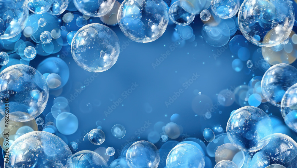 Abstract digital artwork radiant and shimmering bubbles floating in serene blue backdrop, tranquil and ethereal cosmic and celestial.