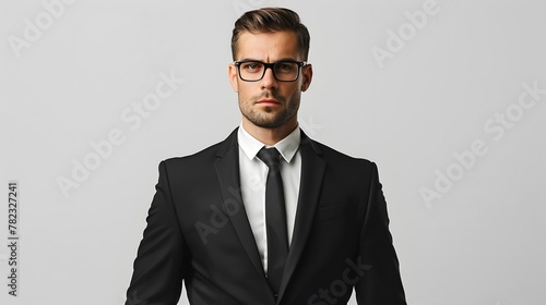 Businessman in a black suit against a white background.