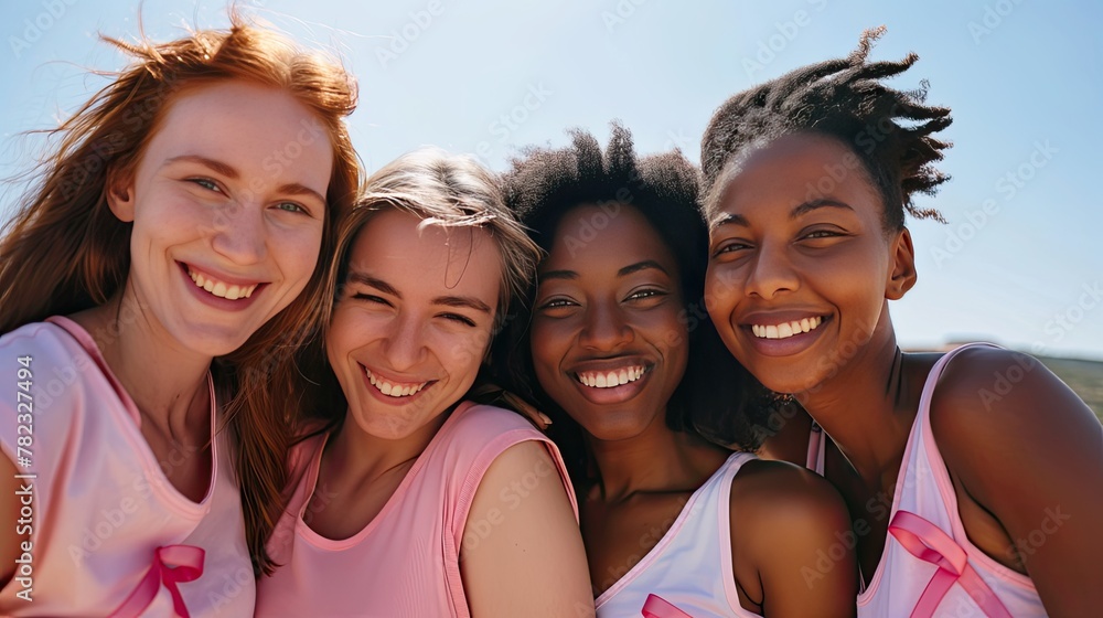 four diverse women wearing pink t-shirts adorned with cancer ribbons as they stand together, smiling under the clear blue sky on a sunny day, radiating hope and solidarity. four diverse women wearing pink t-shirts adorned with cancer ribbons as they stand together, smiling under the clear blue sky on a sunny day, radiating hope and solidarity.