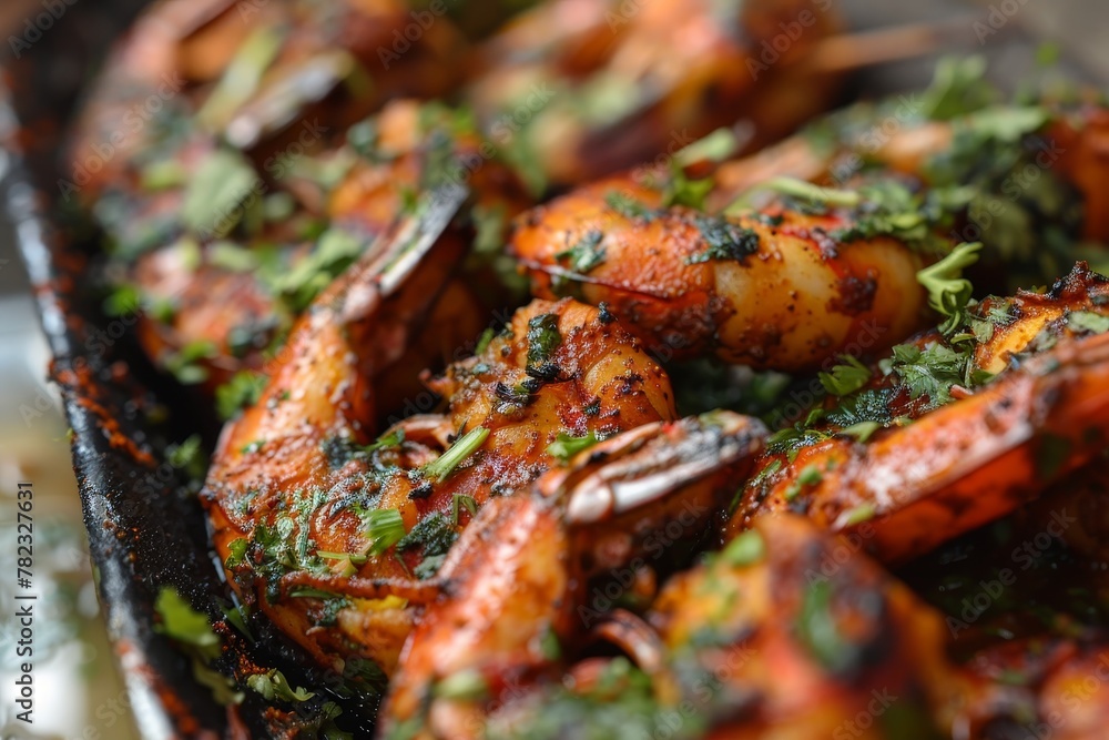 Indian prawn cooked with herbs and grilled in tandoor Indian prawn cooked with herbs and grilled in tandoor