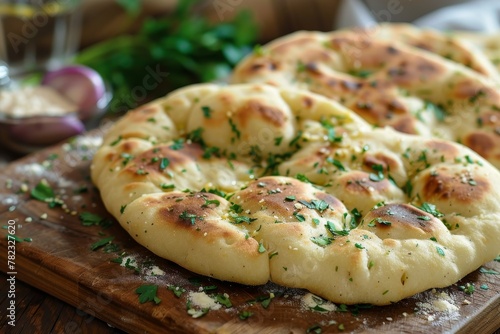 Indian naan with herbs garlic and butter on cutting board photo