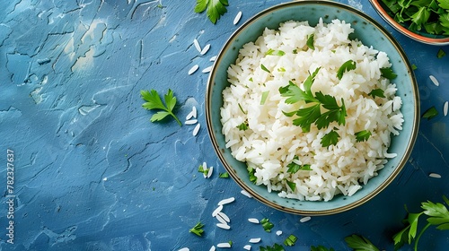 White rice bowl garnished with fresh parsley on a blue background. photo