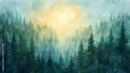 Misty Forest Sunrise Watercolor Painting