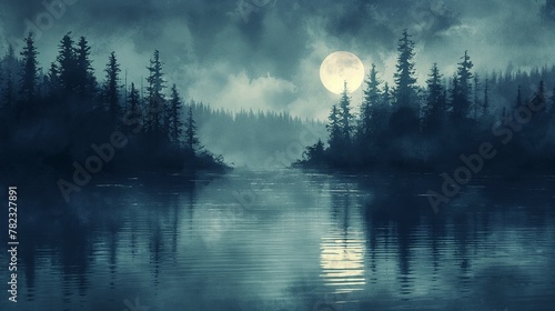 Misty Moonlit Forest Landscape with Reflective Lake