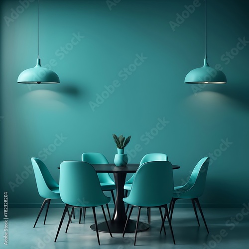Meeting area or diningroom with large black round table and teal cyan chairs. Empty wall turquoise azure paint color accent. Dinning modern kitchen interior home  photo