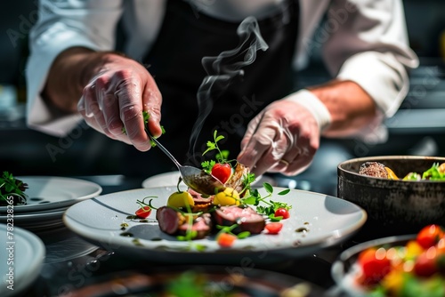 Expert chef in action, finishing a refined dish with precision and care in a bustling kitchen setting