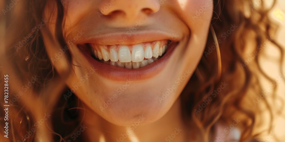 Sunlight dapples across a woman's smile, with her curly hair framing her face, showcasing natural beauty and positivity Sunlight dapples across a woman's smile, with her curly hair framing her face, showcasing natural beauty and positivity