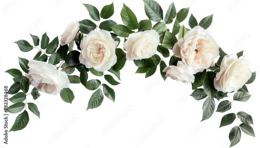 Isolated composition of white rose flowers and leaves on white background